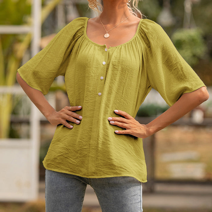 Color-Green-Women Clothing Button Square Collar Loose Short Sleeve Shirt Top Women-Fancey Boutique