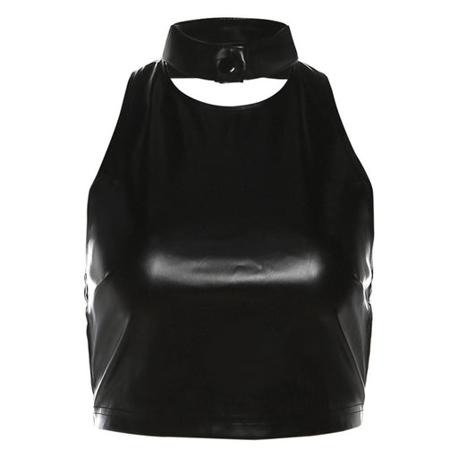 Color-Black-Autumn Winter Women Clothing Halter Sexy Backless Slim Fit Faux Leather Vest for Women-Fancey Boutique