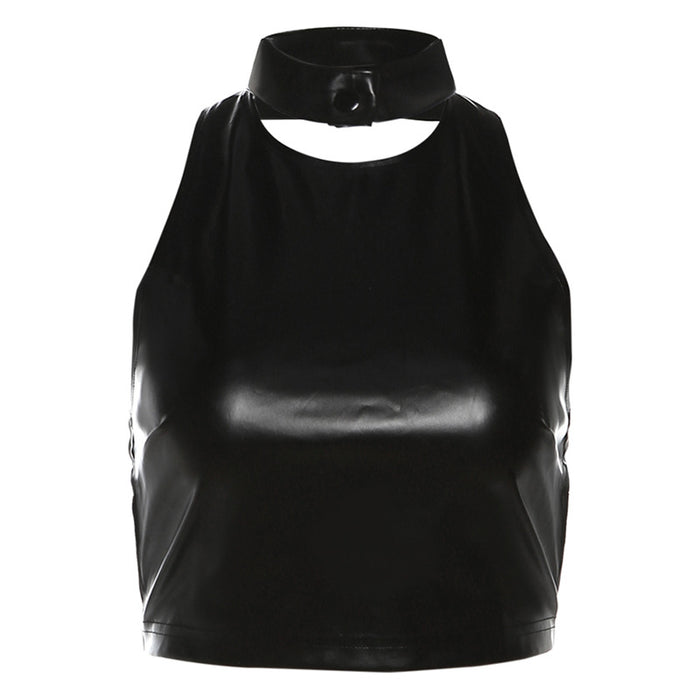 Color-Black-Autumn Winter Women Clothing Halter Sexy Backless Slim Fit Faux Leather Vest for Women-Fancey Boutique