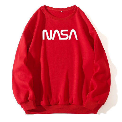 Color-Red-Fleece Lined Crew Neck Sweater Women NASA Letter Graphic Print Fresh Casual Pullover Round Neck Long Sleeves T Shirt-Fancey Boutique