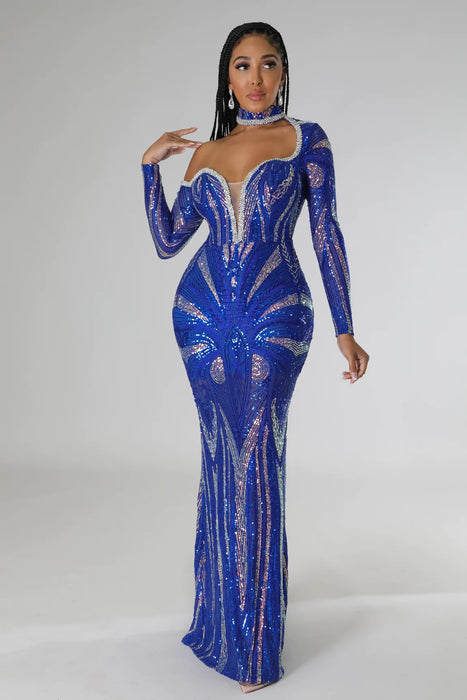 Color-Blue-V Neck Halter Sequined Dress Women Slim Fit Host Party Women-Fancey Boutique