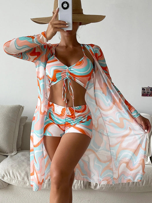 Color-Pattern 8-Swimsuit Women Split Three Piece Suit High Waist Long Sleeves Blouse Internet Celebrity Drawstring Suit-Fancey Boutique