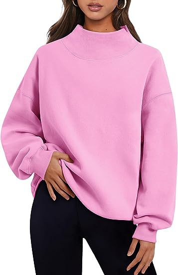 Color-Pink-Women Clothing Neckline Slit Loose Casual Half Turtleneck Brushed Hoody-Fancey Boutique