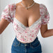Summer Cute Floral Printed Lace Puff Sleeve Boning Corset Steel Ring Outer Wear Short Top-Pink-Fancey Boutique