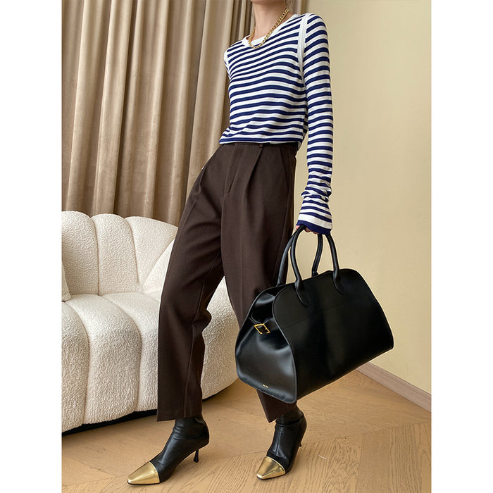 Color-Brown-French Mid Seam Stand Cut Leg Shaping Straight Slimming Woolen Cropped Casual Pants-Fancey Boutique