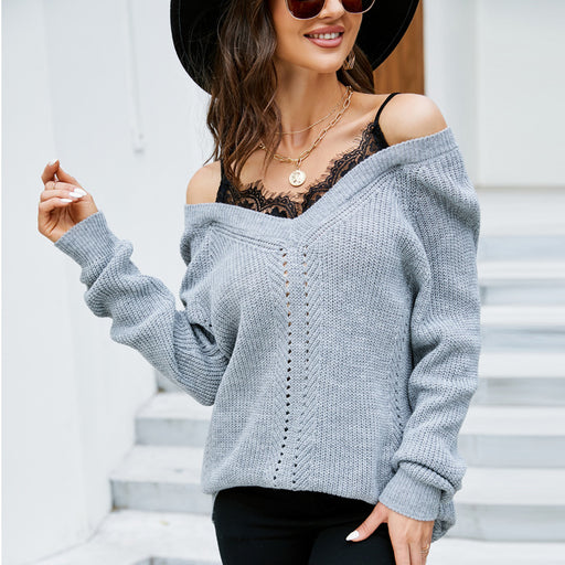Color-Gray V-neck Sweater-Sexy Lace Stitching Pullover V neck Sweater Women Loose False Two Pieces Top Sweater-Fancey Boutique
