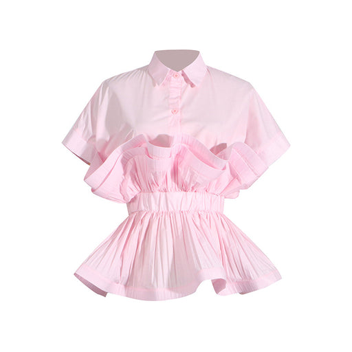 Summer Polo Collar Ruffled Stitching Design Tight Waist Slimming High Grade Short Sleeve Shirt for Women-Fancey Boutique