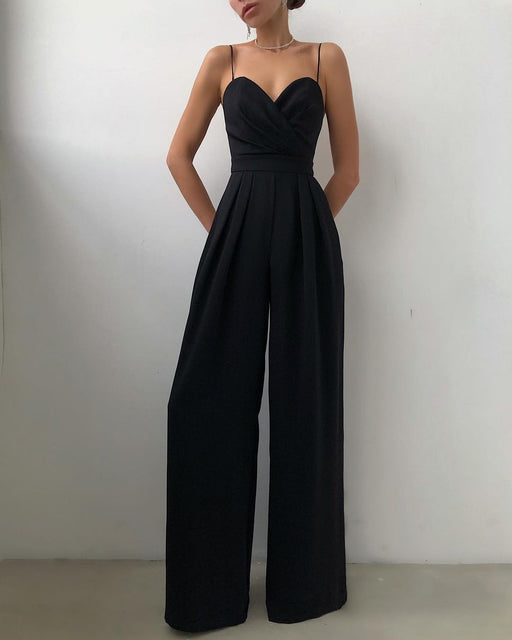 Color-Black-Sling Waist Straight Mop Floor Minimalist Jumpsuit Spring Summer-Fancey Boutique