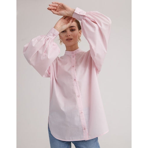 Lantern Sleeve Solid Color Shirt Spring Summer Adult Lady like Woman Office All Matching Loose Round Neck Shirt-Pink-Fancey Boutique