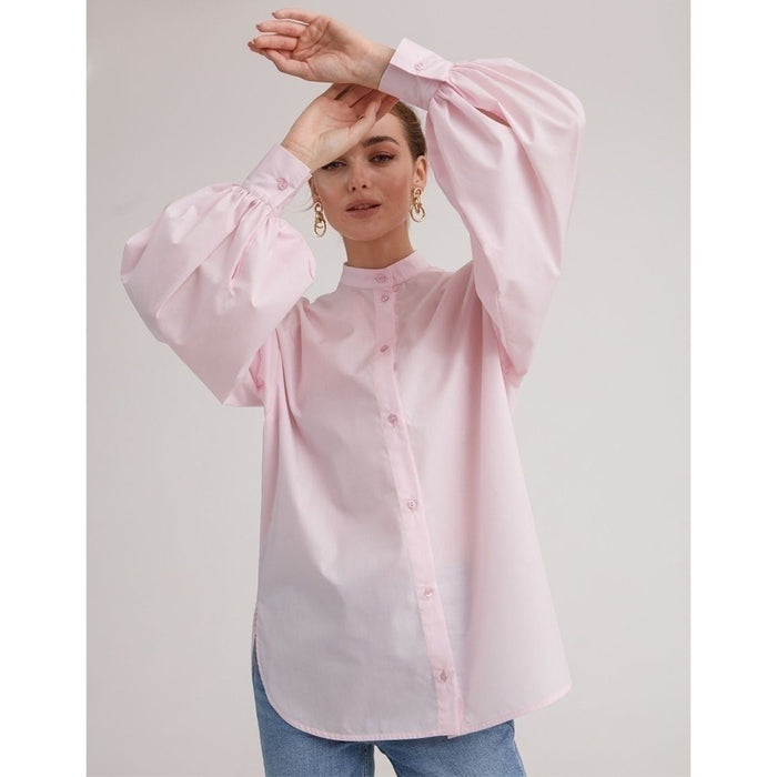 Lantern Sleeve Solid Color Shirt Spring Summer Adult Lady like Woman Office All Matching Loose Round Neck Shirt-Pink-Fancey Boutique