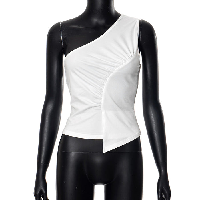 Color-White-Sexy Asymmetric Special Interest Design Solid Color Oblique Shoulder Tops Women Slim Fit Slimming-Fancey Boutique