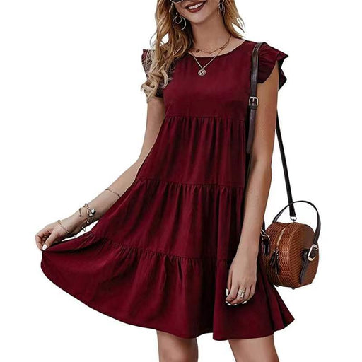 Color-Burgundy-Summer Solid Color round Neck Short Sleeves Dress Casual Tiered Dress Pleated Large Swing Dress-Fancey Boutique