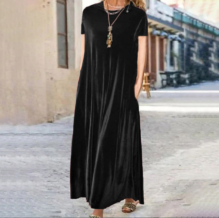 Color-Black, Short Sleeve-Spring Gold Velvet Slimming Crew Neck Maxi Dress-Fancey Boutique