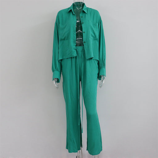 Color-Green-Women Commuting Wear Spring Summer Polo Collar Shirt Top Split Wide Leg Pants Two Piece Set Casual Set-Fancey Boutique