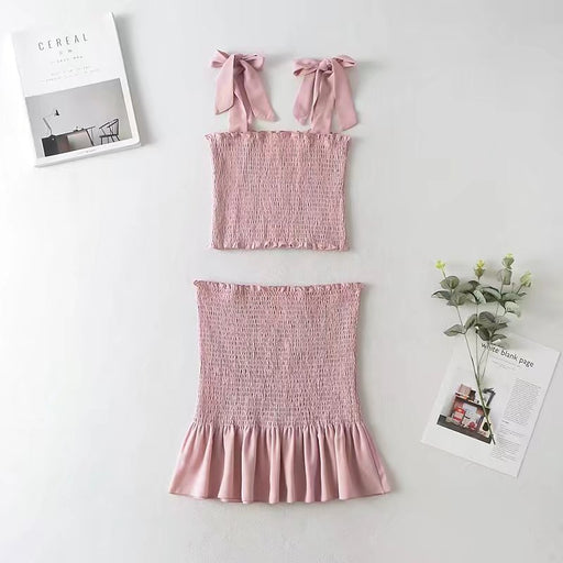 Color-Pink-Spring Autumn Elastic Wrapped Chest Camisole Hip Lotus Leaf Skirt Outfit-Fancey Boutique