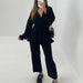 Color-Black-Autumn Casual Set V neck Long Sleeve Waist Tight Pullover High Waist Cropped Pants Two Piece Set-Fancey Boutique