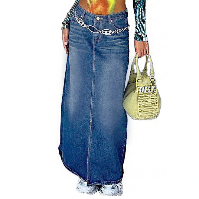 Color-Blue-Casual Retro Denim Long Skirts-Fancey Boutique