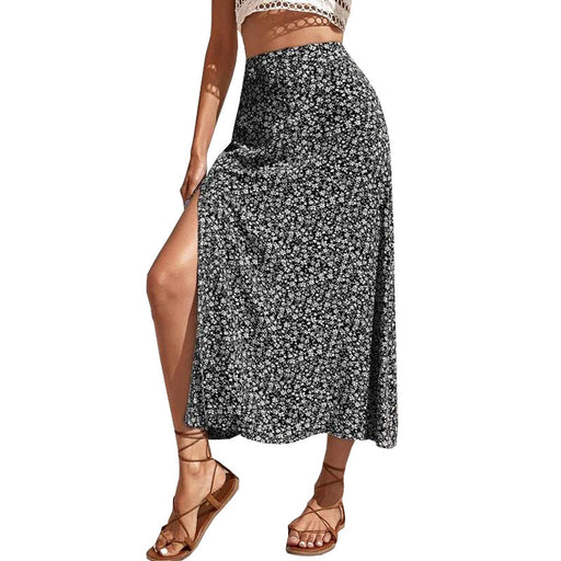 Color-Black-Summer Floral Skirt Split A- line Sheath Mid-Waist Skirt-Fancey Boutique