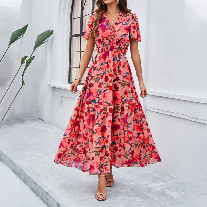 Color-Pink-Women Clothing Spring Summer Casual Printed Waist Controlled Dress-Fancey Boutique