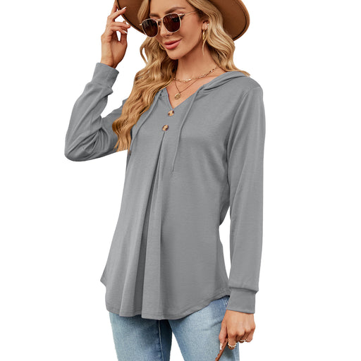 Color-Gray-Autumn Winter Solid Color V neck Button Hooded Loose Long Sleeves Sweater Women-Fancey Boutique