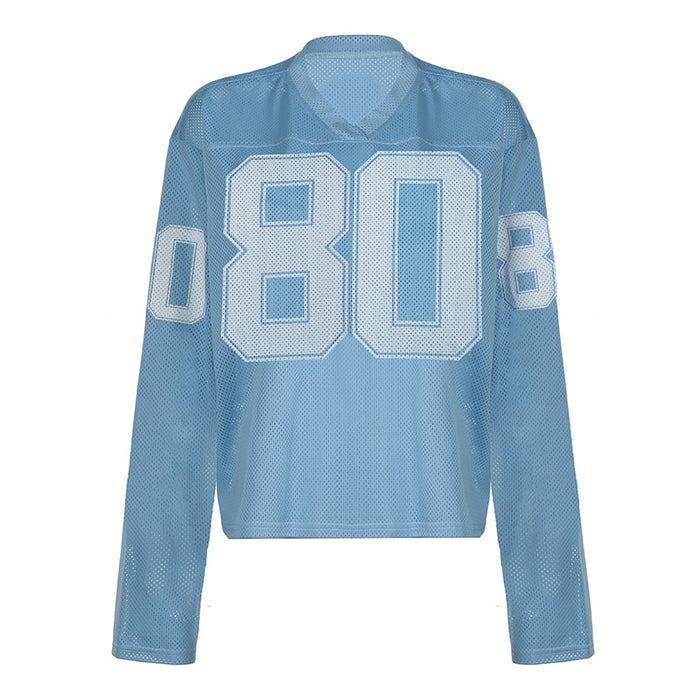 Sports Digital Printing Ball Uniform Loose Long Sleeve Sexy Street V neck All Matching Personalized Quick Drying Top-Blue-Fancey Boutique