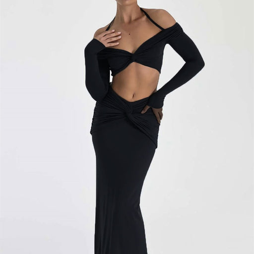 Color-Black-Autumn Winter Women Clothing two piece set off Shoulder Halter Twisted cropped Long Sleeve Long Skirt Set-Fancey Boutique