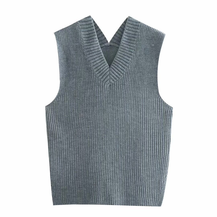 Color-Gray-Autumn Winter White Loose Split V neck Sleeveless Knit Vest Vest Women Mid Length Sweater-Fancey Boutique
