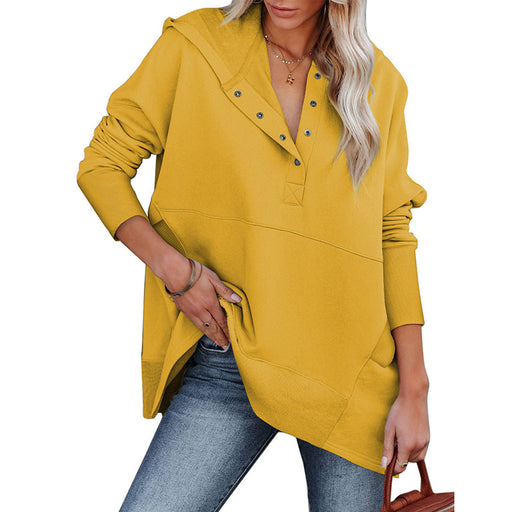 Color-Yellow-Loose Hooded Sweater Women Mid Length Autumn Winter Solid Color Casual Bottoming Shirt Top-Fancey Boutique