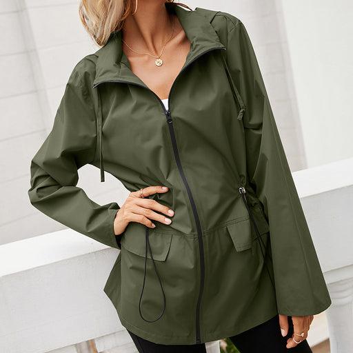 Color-Army Green-Hooded Zipper Waist Tight Waterproof Raincoat Outdoor Windcheater Mountaineering Clothing Coat Jacket Top for Women-Fancey Boutique