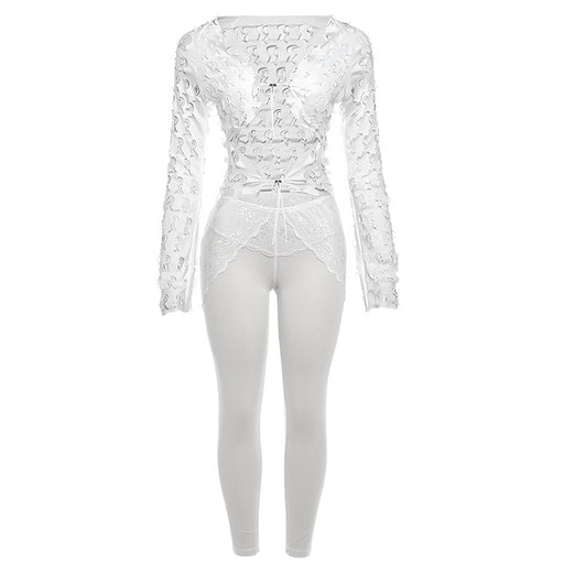 Color-White Set-Fall Women Clothing Lace up Low Collar Cropped Top High Waist Tight Lace Mesh Trousers Set-Fancey Boutique