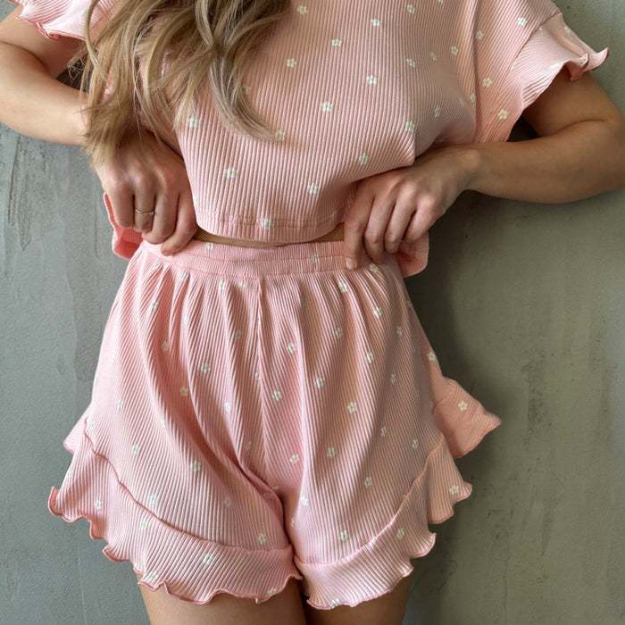 Color-Pink-Summer Ladies Casual Printing Suit Ruffled Short Sleeve round Neck Shorts Pajamas Two Piece Set-Fancey Boutique