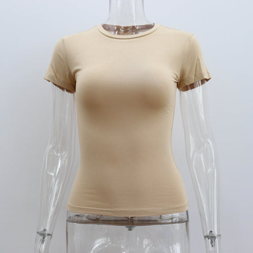 Color-Khaki-Spring Summer Basic round Neck Short Sleeve T shirt Women Tight Sexy Simple Solid Color Top Women-Fancey Boutique