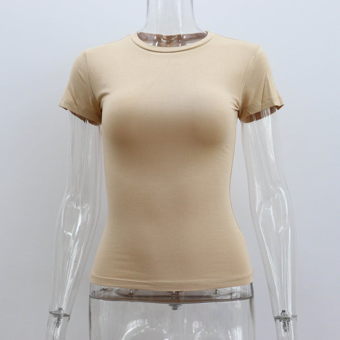 Color-Khaki-Spring Summer Basic round Neck Short Sleeve T shirt Women Tight Sexy Simple Solid Color Top Women-Fancey Boutique