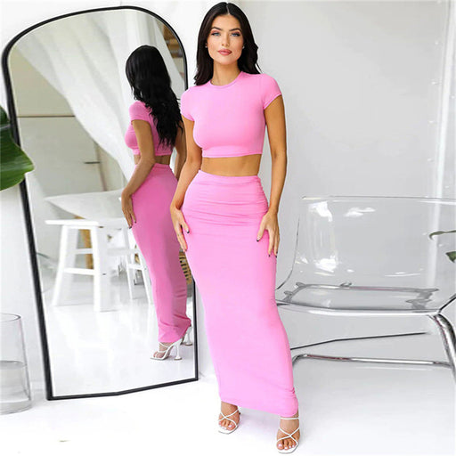 Color-Pink-Spring Summer Women Clothing Cropped T shirt High Waist Sheath Skirt Casual Suit-Fancey Boutique