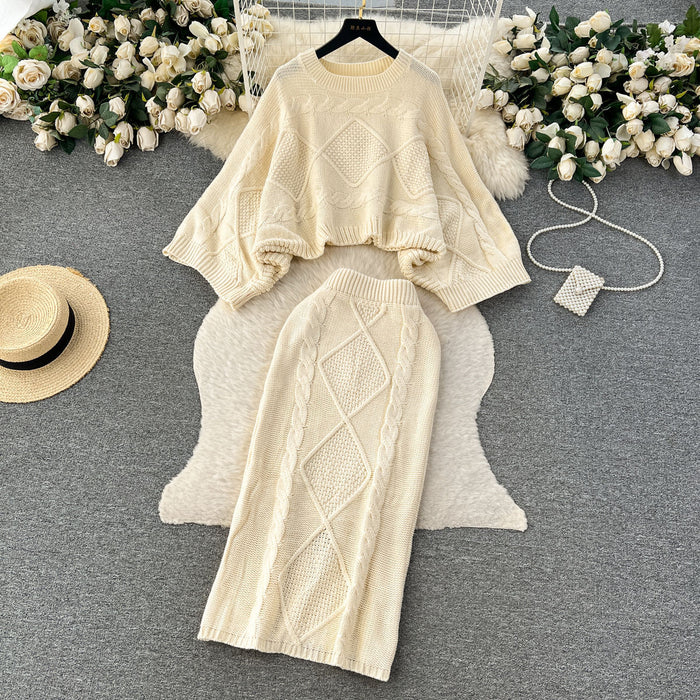 Color-French Lazy Two Piece Dress of Knitted Sweater Women Autumn Winter Twist Batwing Sleeve Top Sheath Skirt Set-Fancey Boutique