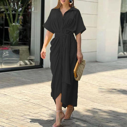 Color-Black-Autumn Winter Women Clothing Collared Short Sleeve Single Breasted High Waist Shirt Dress-Fancey Boutique