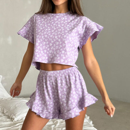 Color-Purple-Summer Ladies Casual Printing Suit Ruffled Short Sleeve round Neck Shorts Pajamas Two Piece Set-Fancey Boutique