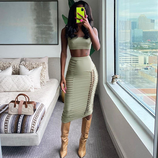 Women Clothing Summer Hollowed out Cropped Tank Top Slim Skirt Set-Green-Fancey Boutique