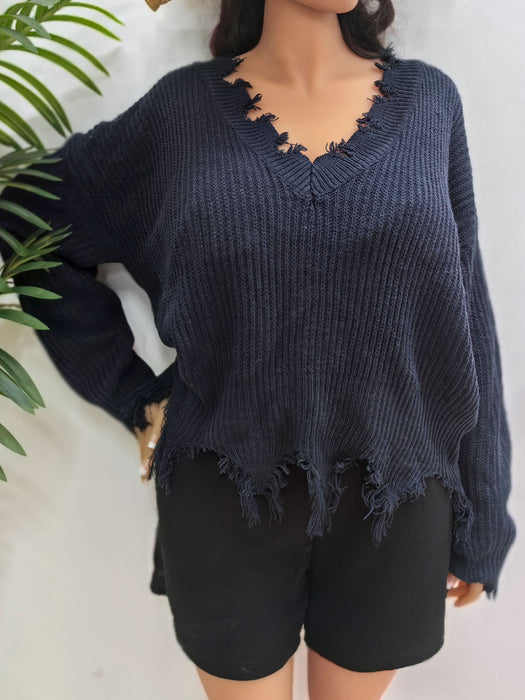 Color-purplish blue-Women Pullover Sweater plus Size Women Clothes Loose V neck Burrs Woven Top Casual Sweater-Fancey Boutique