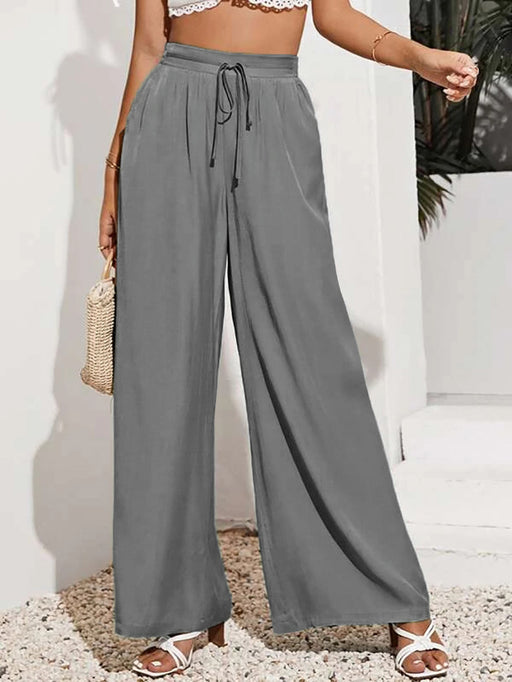 Color-Gray-Women Summer High Waist Casual Trousers Solid Color Elastic Waist Lace up Loose Wide Leg Pants Women-Fancey Boutique