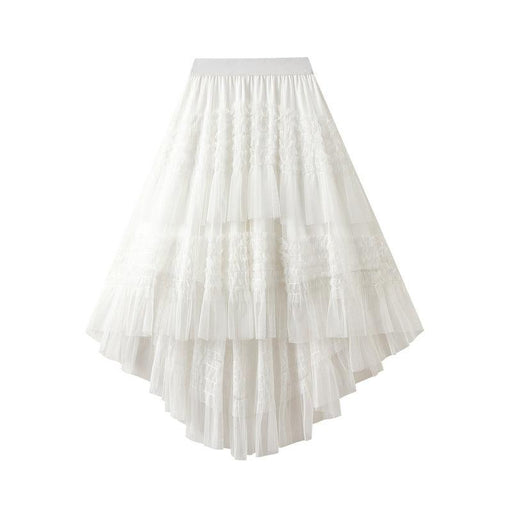 Color-White-Fungus Irregular Asymmetric Solid Color Cake Pettiskirt Fairy Dress Large Swing Stitching Mesh Half Length Skirt-Fancey Boutique