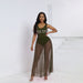 Summer Sexy Jumpsuit Beach Dress Two Piece Suit Handmade Beaded Transparent Mesh Skirt Set-Army Green-Fancey Boutique