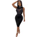 Women Sexy Turtleneck Rhinestone Sleeveless See through Mesh Dress-Black-Fancey Boutique