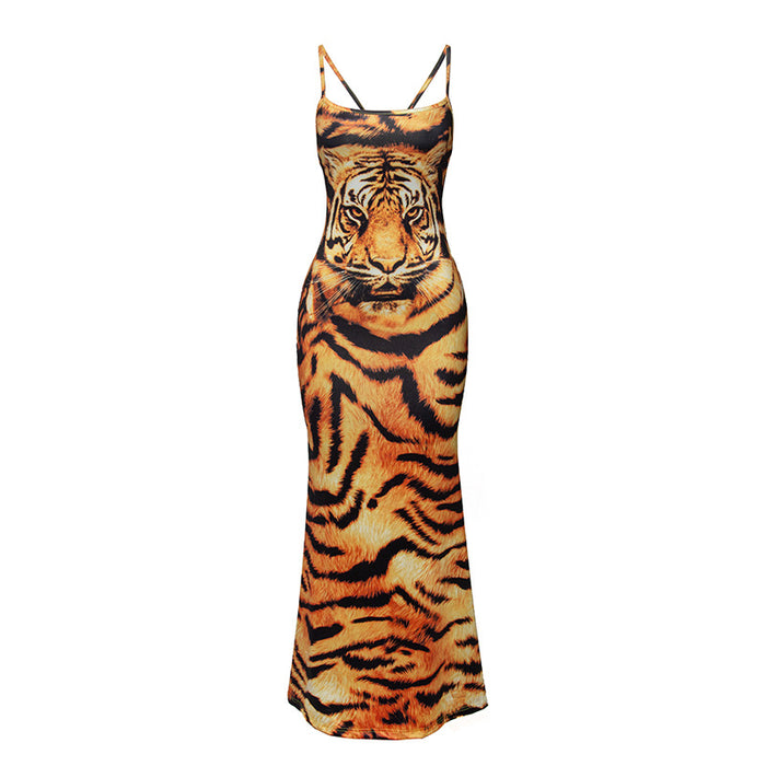Sexy Summer Sleeveless Strap Tiger Printed Sexy Backless Maxi Dress-Yellow-Fancey Boutique