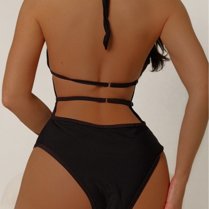 Sexy Black One Piece Swimsuit Women Transparent Backless Lace Up Swimsuit Tight Belt Chest Pad Bikini-Fancey Boutique