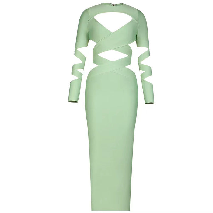 Color-Emerald Green-Socialite Low Cut Bandage CrissCross Cropped Outfit Hollow Out Cutout Long Slim Dress-Fancey Boutique