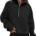 Color-Black-Women Clothing Half Zipper Short Stand Collar Thumb Hole Brushed Hoody-Fancey Boutique