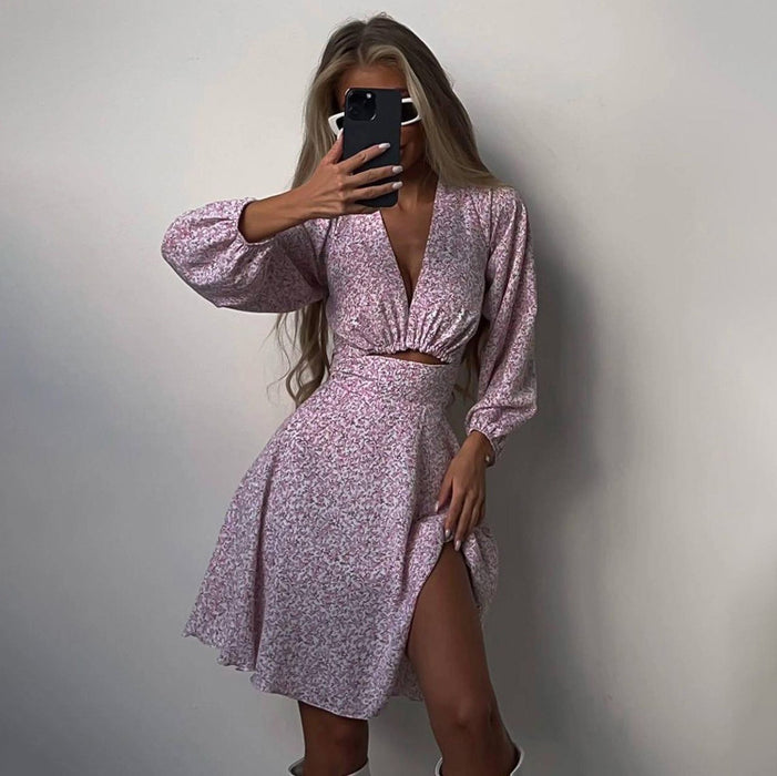 Women Clothing Summer Long Sleeve V neck pirational Design Dress Slimming Printed French Dress-Fancey Boutique