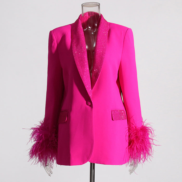 Color-Coral Red-Autumn Fashionable Blazer Women Classic Stitching Ostrich Feather Light Diamond Decorative Blazer-Fancey Boutique