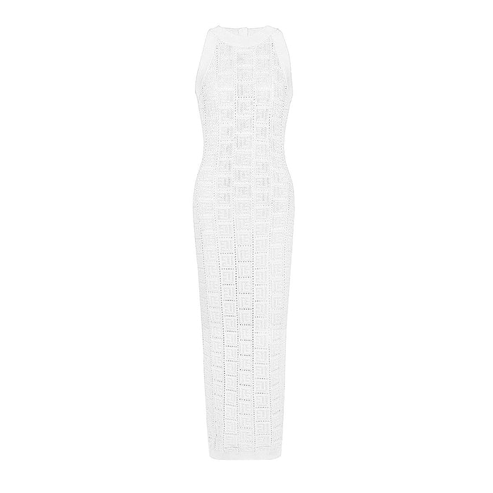 Color-White Dress-Long Sleeve Short round Neck Hollow Out Cutout out Knitwear Dress Vest Shorts Women-Fancey Boutique